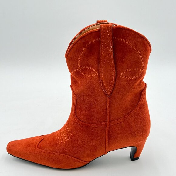 Brown Orange Square Toe Comfort Kitten Low Heel Ankle Boot Pull On Bootie Winter - Picture 1 of 6